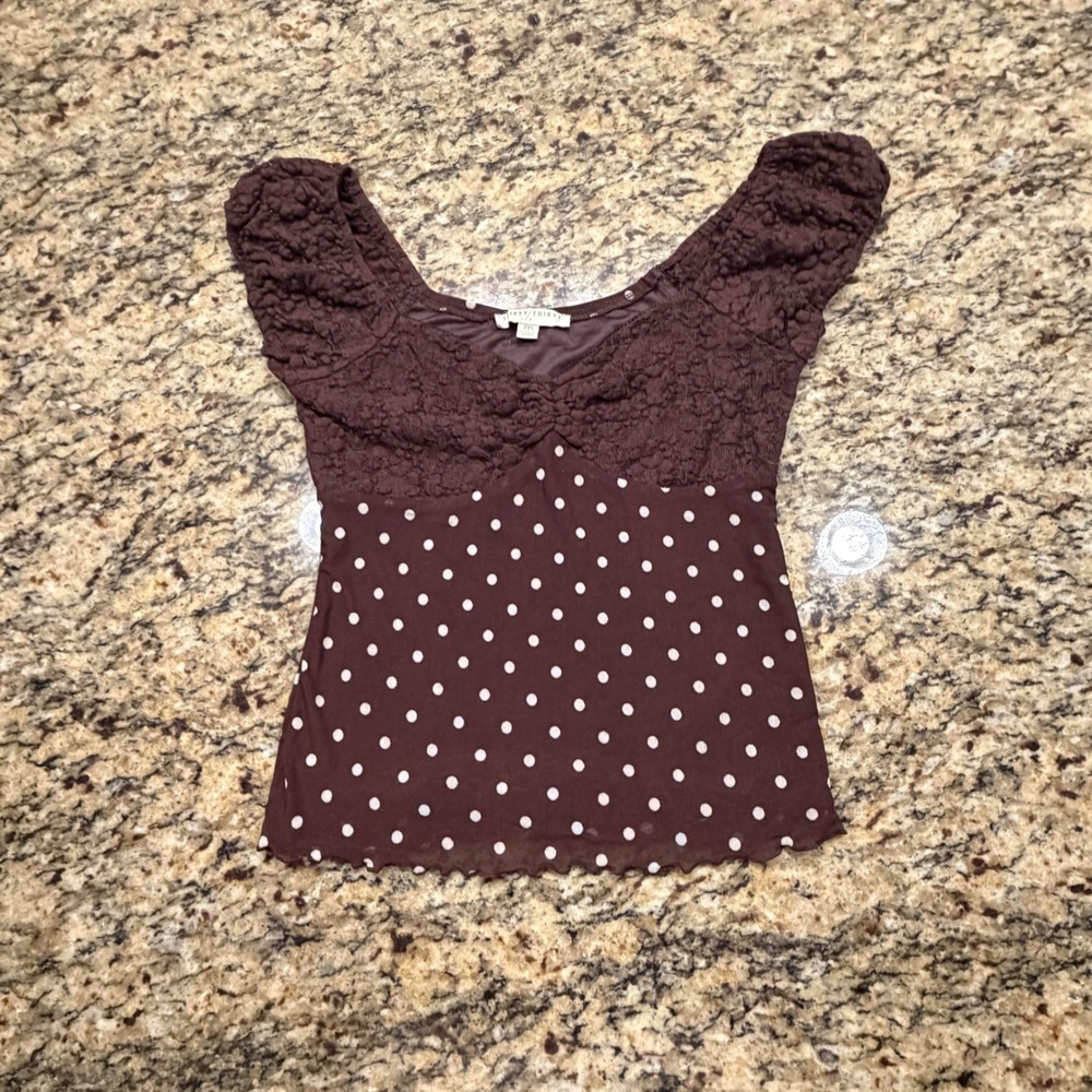 Thirty Thirty Y2K Brown Polka Dot Lace Cap Sleeve Top Sweetheart Neckline M v